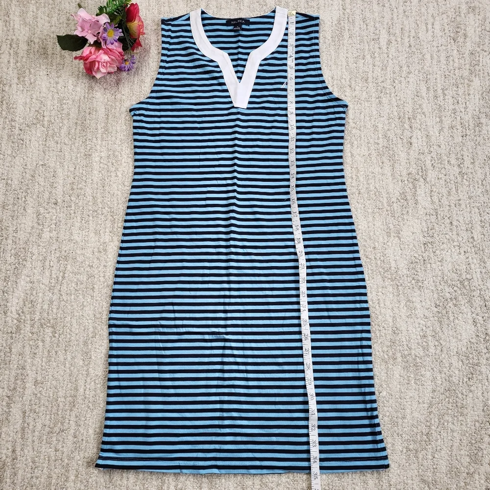 Nautica Blue Sheath V-neck Striped Sleeveless Logo Knee-length Dress - Picture 7 of 8